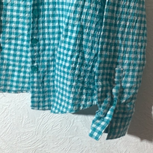 Joe Boxer - Sz L - Green blue Checkered crinkled button down w/ white lace back - Picture 5 of 7